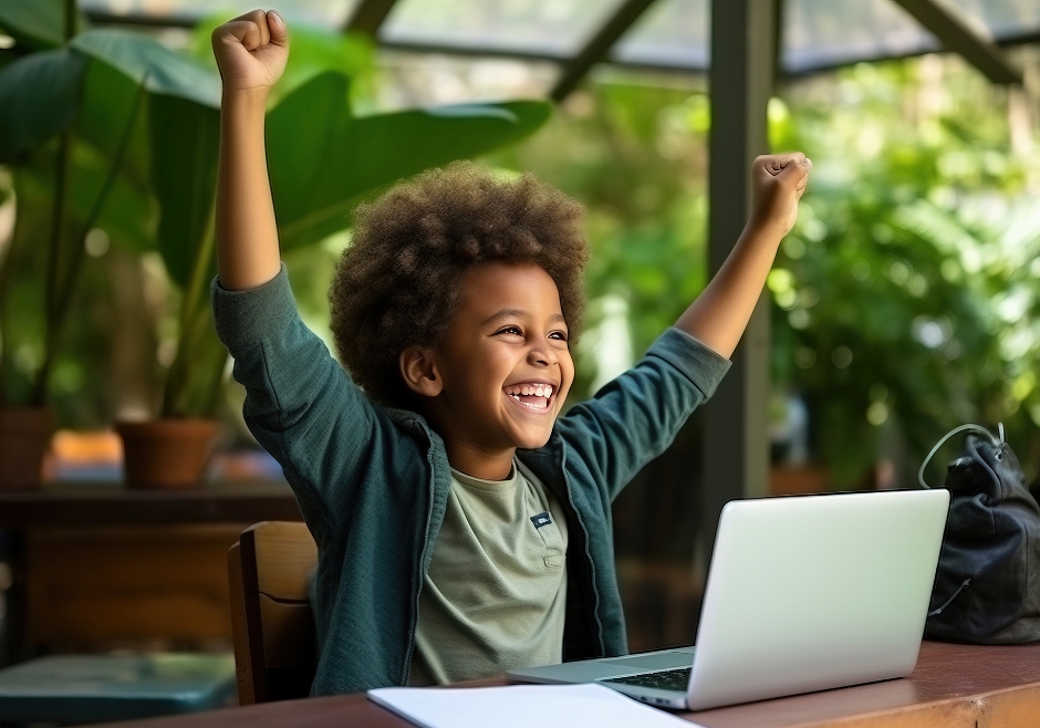 Child Celebrating With Laptop