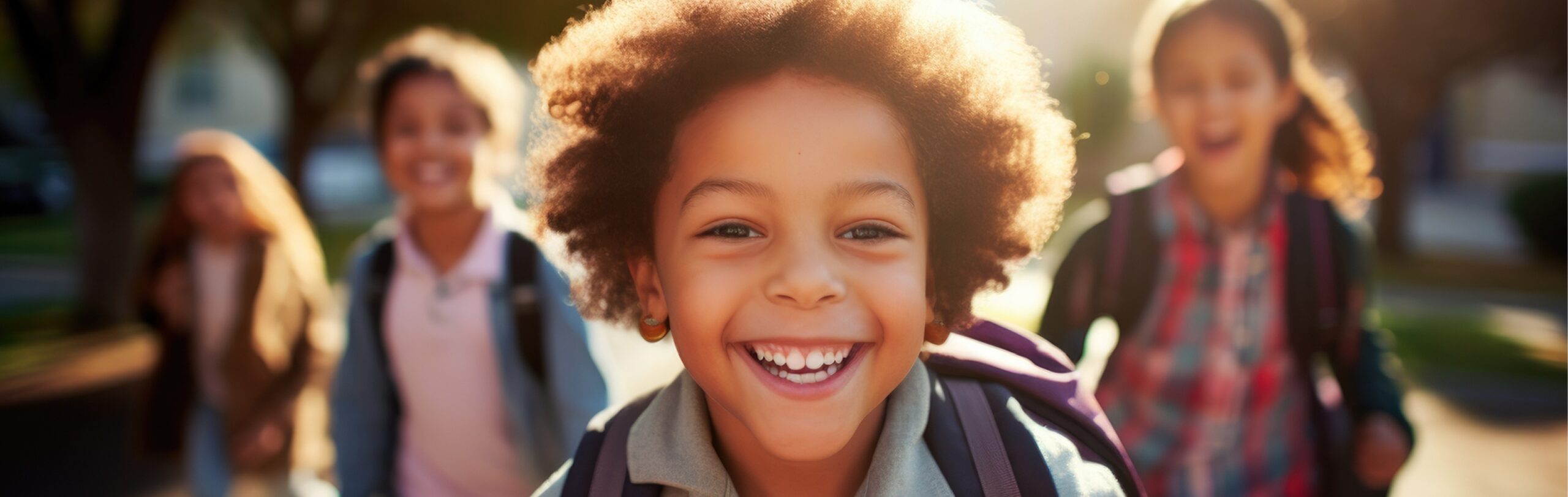 Children smiling and playing with one child in the middle up front.